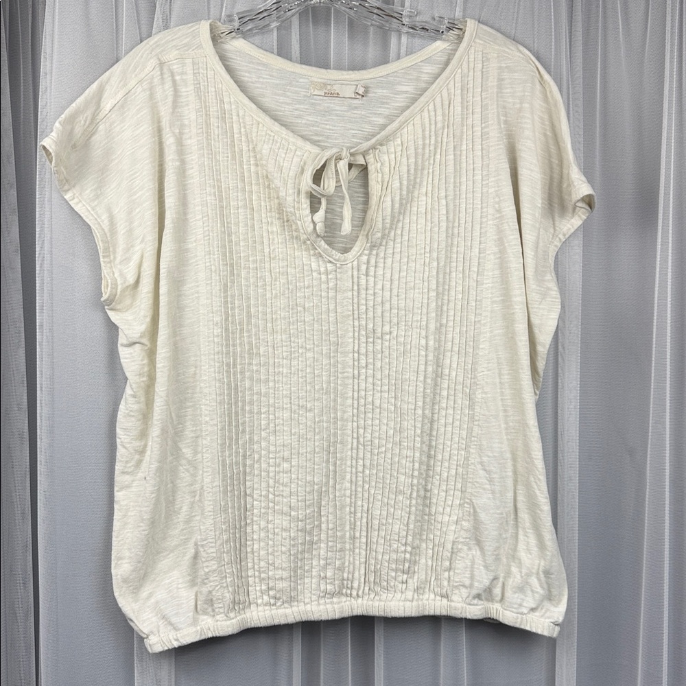 Prana Women's Cream Textured Short Sleeve Tie Neck Top‎ Size L